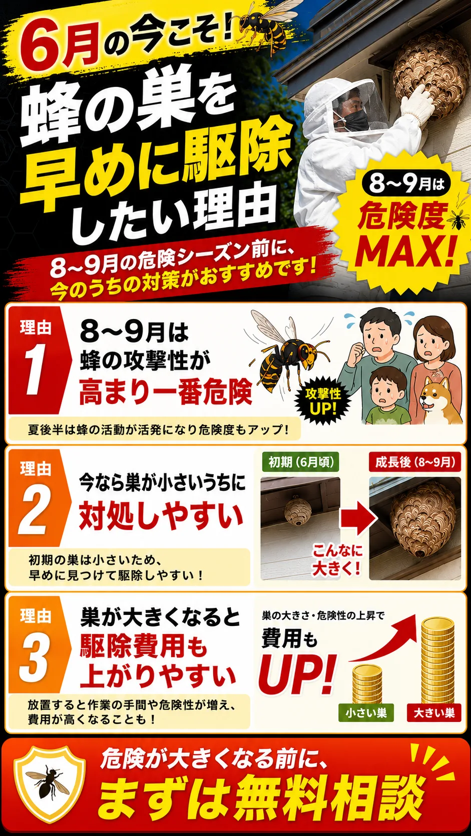 6月の今こそ蜂の巣を早めに駆除したい理由。危険シーズン前の早めの対策と無料相談をご案内